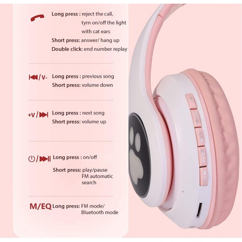 Smartek Kabellose Bluetooth-Kopfhörer mit Katzenohren und LED-Licht