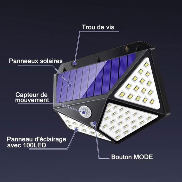 AUDBURN Paquete de 4 luces solares exteriores de 100 LED y 2200 mAh con 3 modos - Negro - Sensor de movimiento