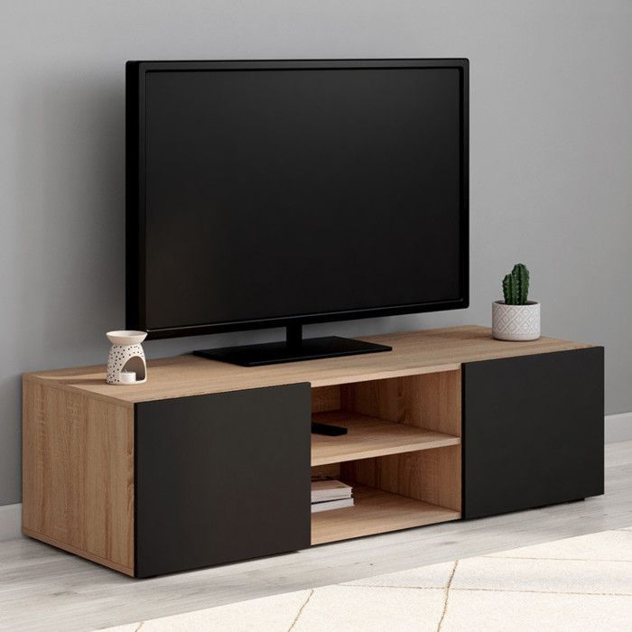 IDMARKET ELI tv-meubel, 113 cm, beukenhoutlook, zwarte deuren