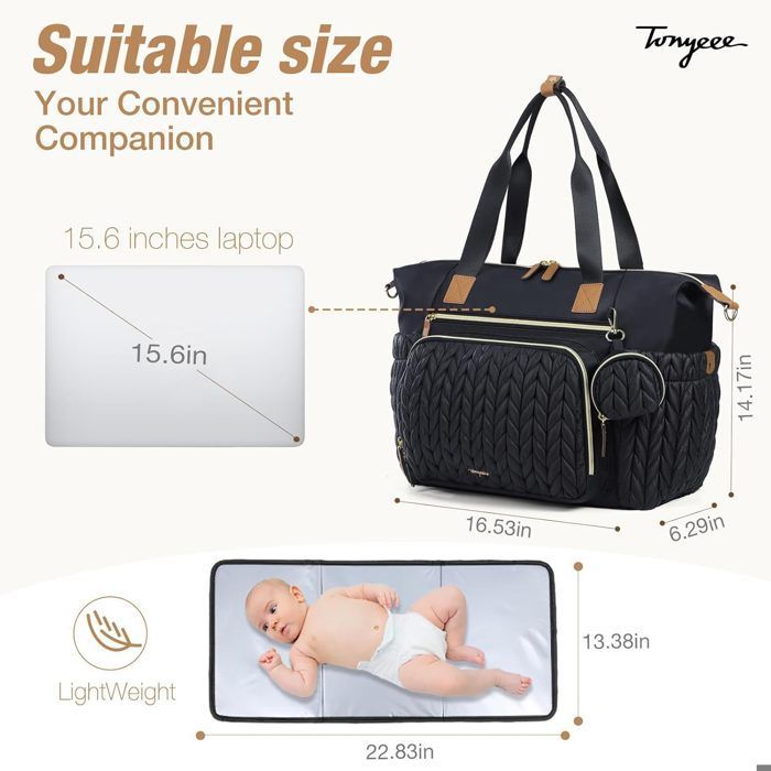 Bolso cambiador grande con cambiador integrado, práctico y elegante - Negro - 11,8
