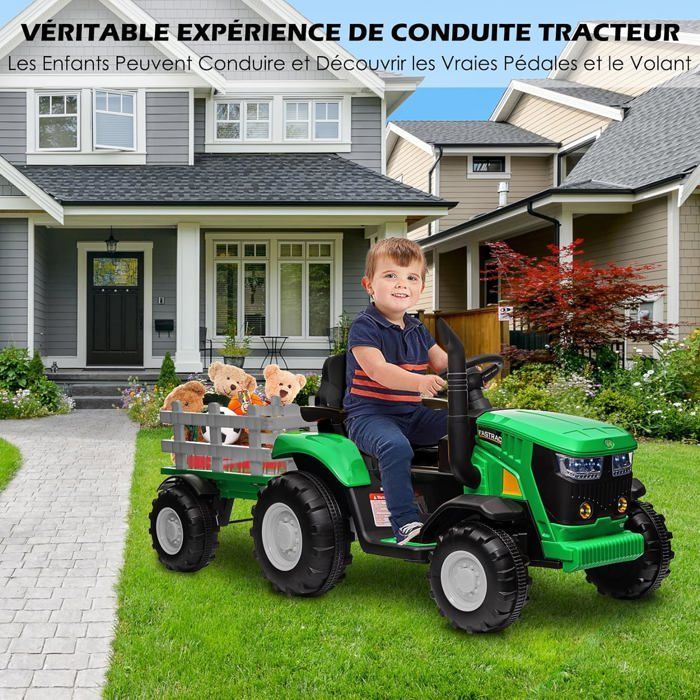 Tractor eléctrico de 12 V para niños con remolque desmontable y dos motores de 35 W - BALOVEBY - Verde - A partir de 18 meses - 30 kg
