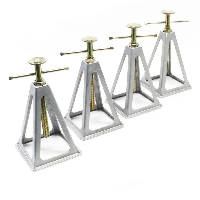Juego de 4 soportes estabilizadores Wiltec – Aluminio y acero – Capacidad de carga 900 kg/pieza – Altura ajustable 28-43 cm – para camping