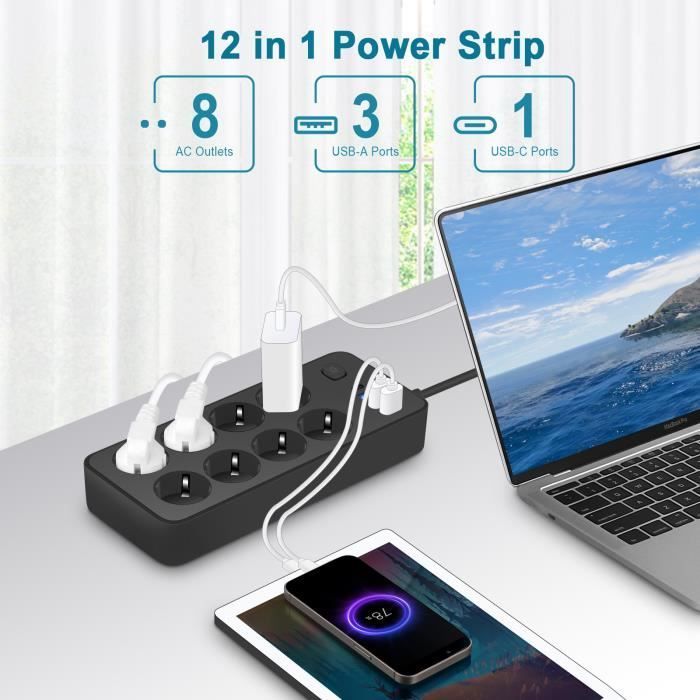 Multiprise Electrique - FANTEC - Bloc 8 Prises - 2000W 10A - 4 USB A + 1 USB C - Parafoudre