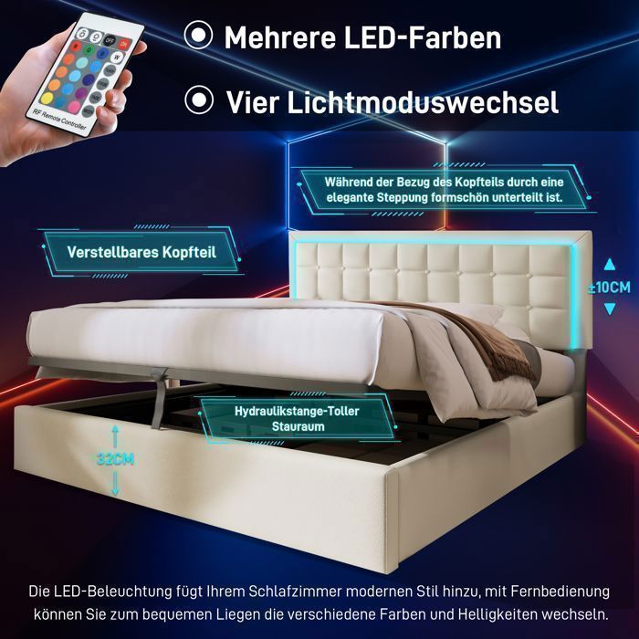 Letto matrimoniale con rete a doghe e contenitore integrato, materasso imbottito, lampada a LED inclusa, dimensioni 180x200 cm.