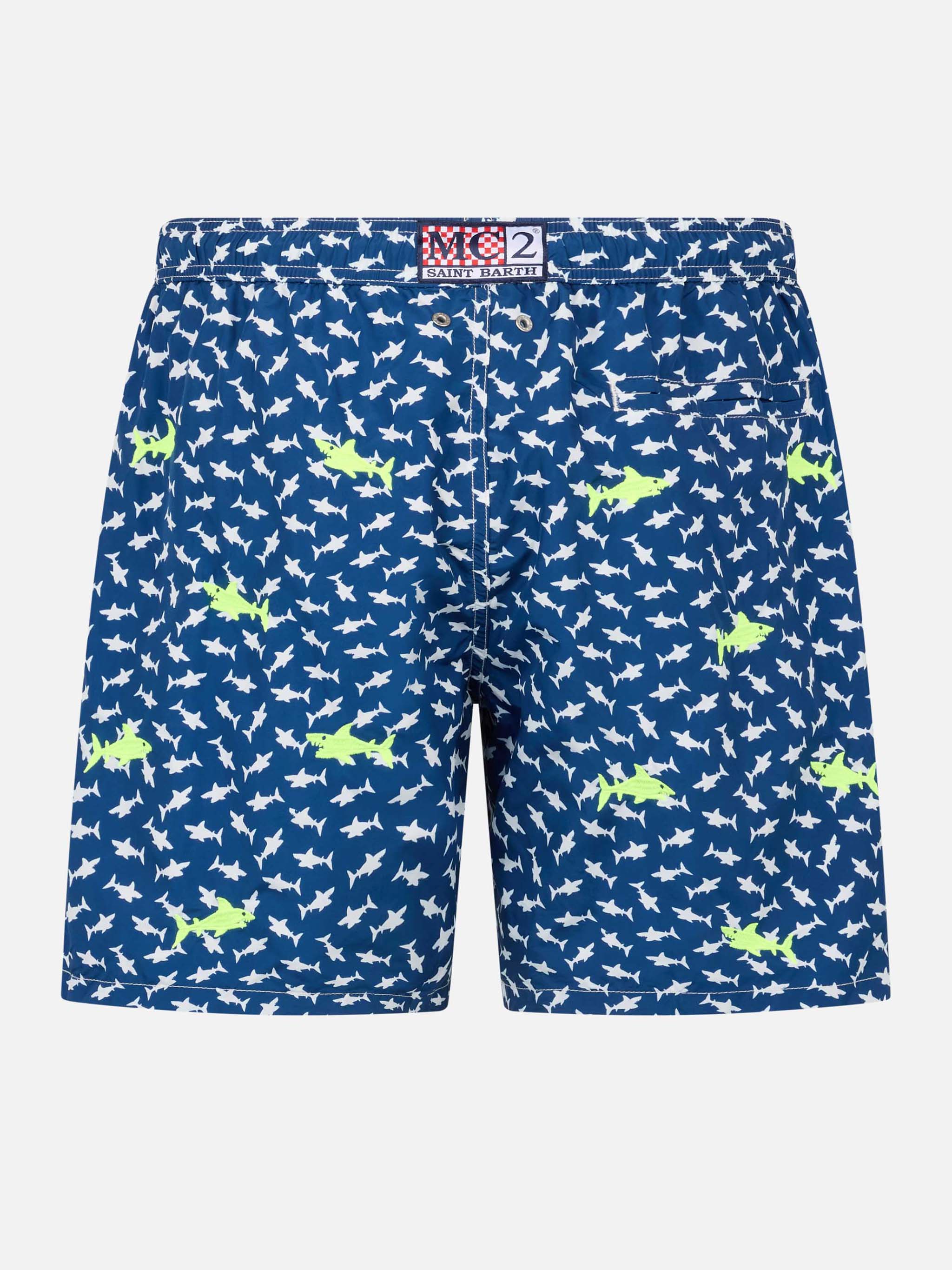 Men's Lighting Embroidery Swim Shorts | Fluo Yellow Sharks on Navy | Quick-Drying & Sustainable | Saint Barth
