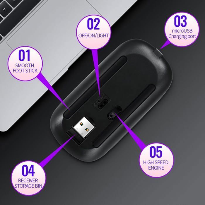 Souris sans Fil, Bluetooth - récepteur USB 2,4 GHz - Rechargeable, pour PC et Ordinateur Portable Compatible, Noir