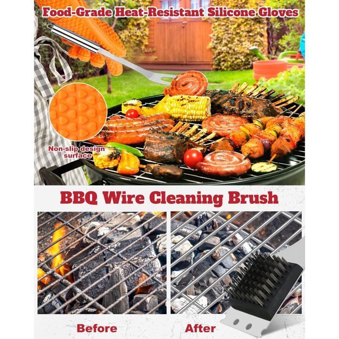 Juego de 28 utensilios de acero inoxidable para barbacoa, accesorios portátiles profesionales para parrilla, kit de herramientas para barbacoa para acampar y cocinar.