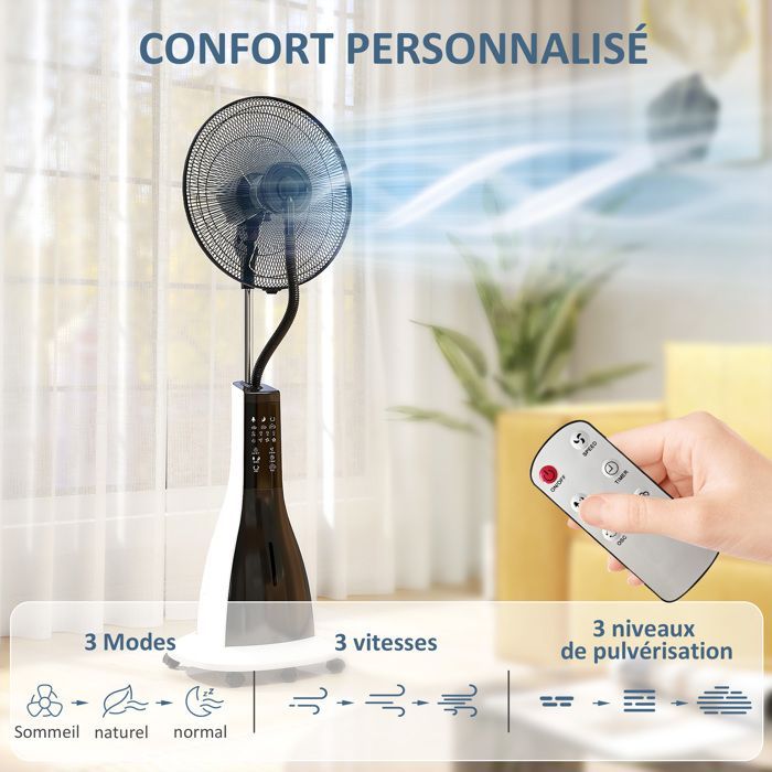 Ventilador nebulizador HOMCOM - 90W 125cm - mando a distancia, temporizador, oscilación de 75°, cabezal inclinable y ruedas - negro