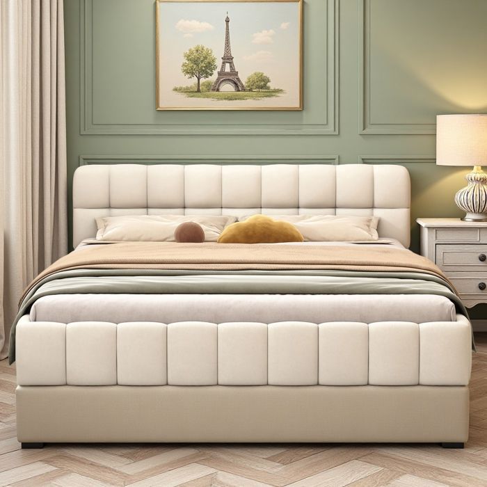 Lit Double - Design Moderne - 160x200cm - Tête de Lit Capitonnée - Sommier Intégré Résistant