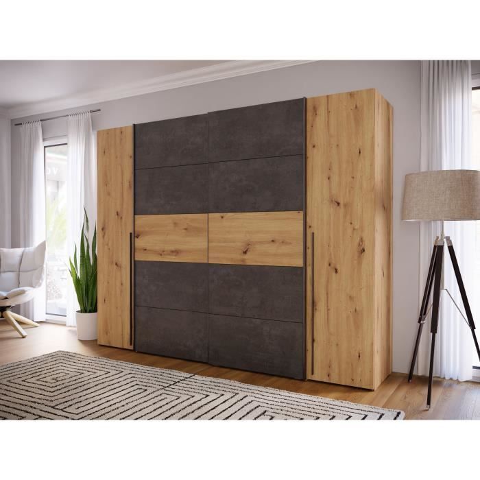 Wardrobe - Artisan oak and grey concrete finish - 2 hinged doors + 2 sliding doors - W 270.3 x D 61.2 x H 210 cm - NARAGO