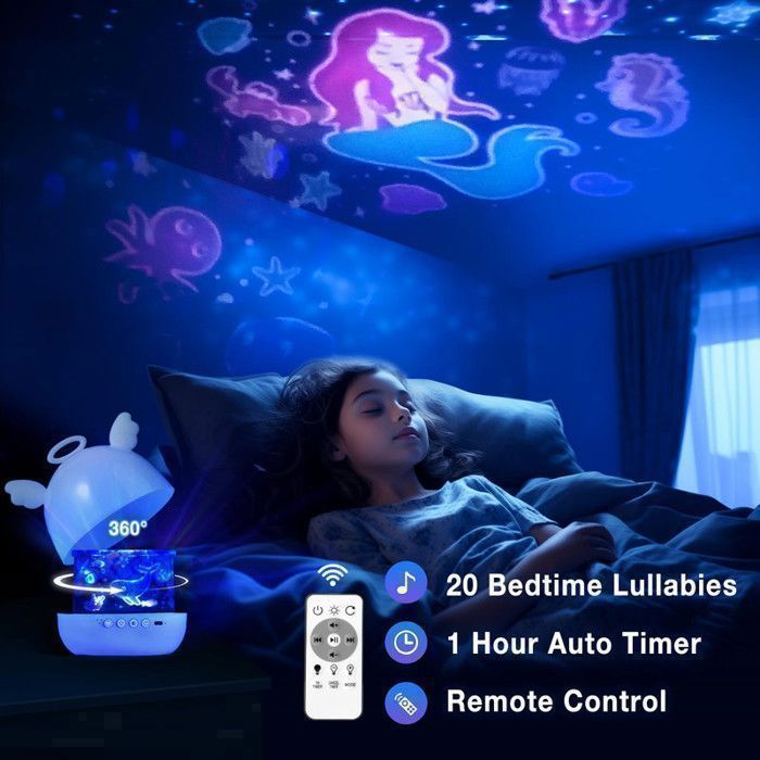 Lámpara de noche para bebés y niños: 22 películas proyectadas, 20 canciones, 8 modos de iluminación, rotación de 360°.