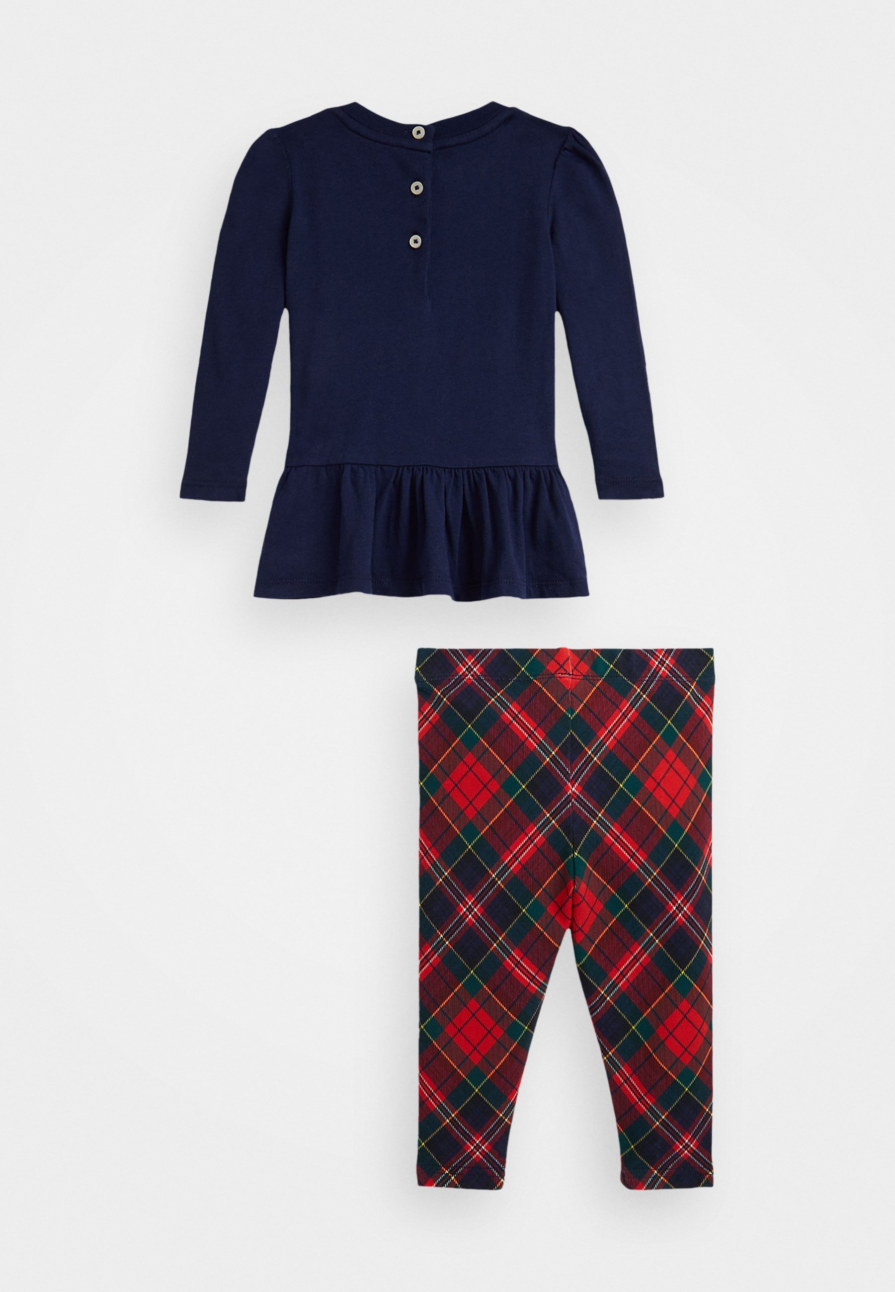 Komplet Polo Ralph Lauren z koszulką z nadrukiem psa i legginsami w kratę - Bluzka z długim rękawem - elegancki granat