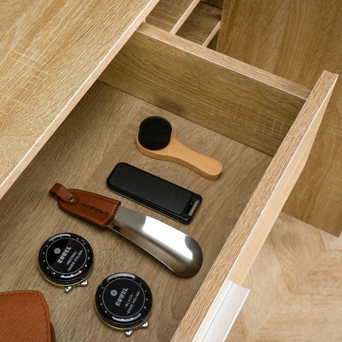 Zapatero CAMILLE, cómoda/mueble de almacenamiento con 1 cajón y 3 puertas, en melamina efecto roble Sonoma.