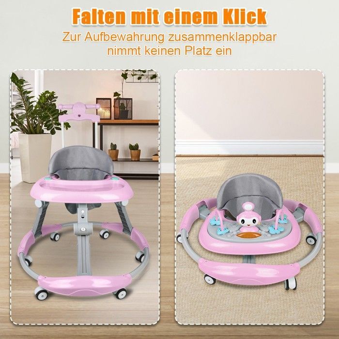 Andador convertible 3 en 1 para bebés, apto para niñas y niños - MIPAN - Con 6 ruedas universales - Ajustable - Para bebés de 6 a 18 meses - Hasta 25 kg - Rosa