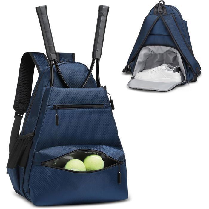 Sac à dos de tennis imperméable pour raquettes, compartiment chaussures, poches humide/sèche, crochet de clôture inclus