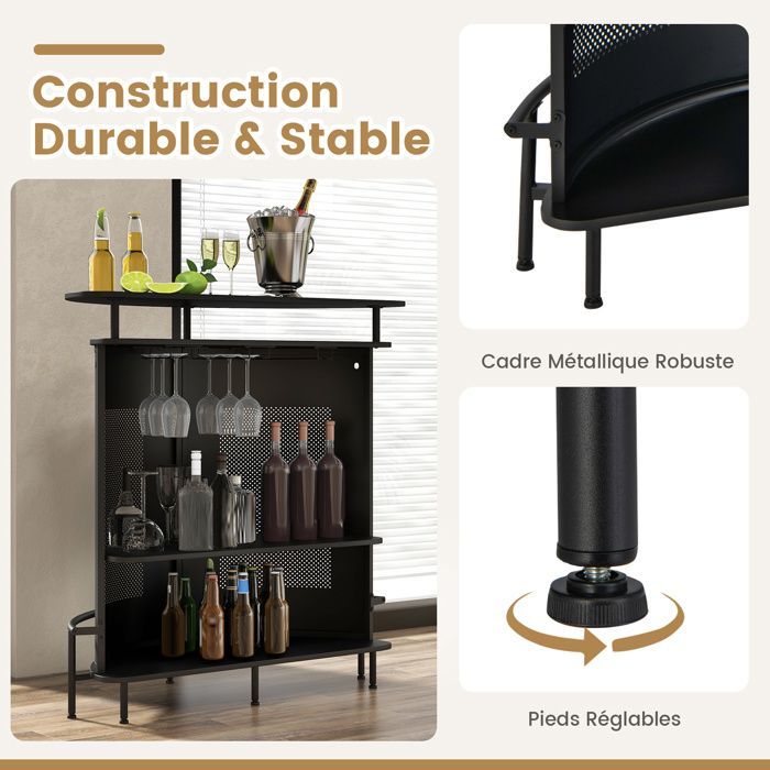 Buffet de Cuisine à 4 Niveaux COSTWAY avec Etagères, 3 Supports à Verres à Pied, Repose-pied, Table de Bar Industrielle pour Salon