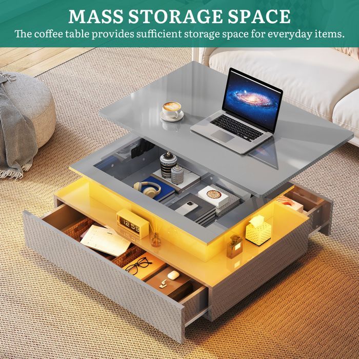 Balconera High-gloss lacquered coffee table with LED strip and 2 drawers, 85 cm (W) x 55 cm (D) x 41 cm (H), grey