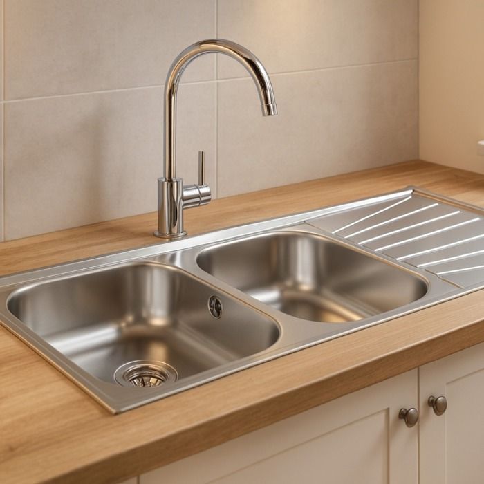 Fregadero Basico, 2 cubetas, 1 escurridor, acero inoxidable, tejido microestructurado, Teka