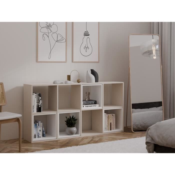 Estantería modular de 8 cubos - MARION - Librería de 8 compartimentos - 147x30x75 cm - Mueble de almacenamiento - Beige