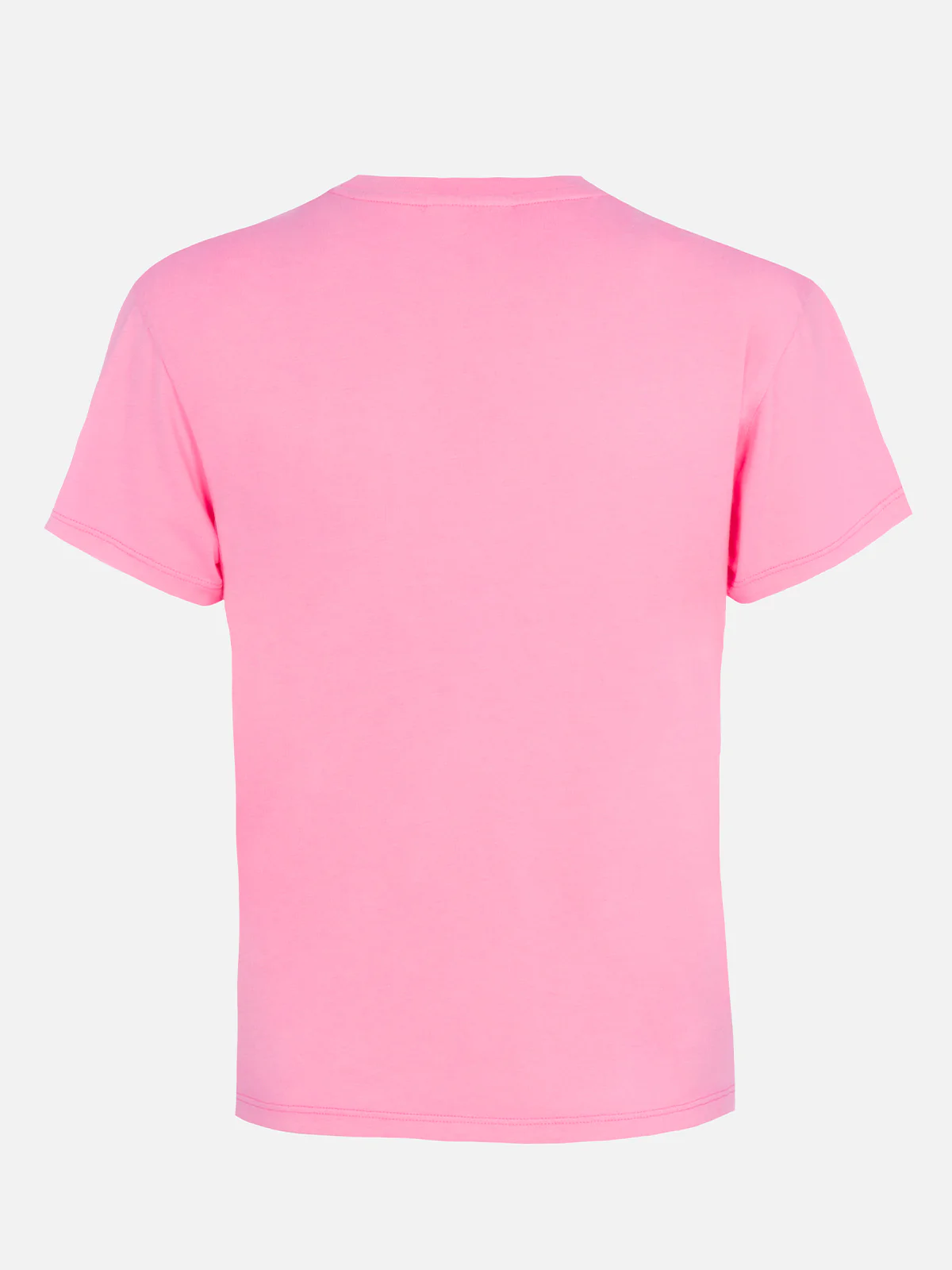 Emilie dames T-shirt met ronde hals, roze katoenen jersey en borduurwerk.