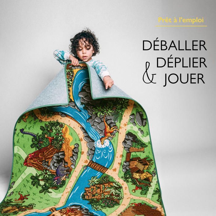 Alfombra de juegos infantil de 95x133cm, diseño de dinosaurios y pista de coches - Lavable - Antideslizante - Carpet Studio