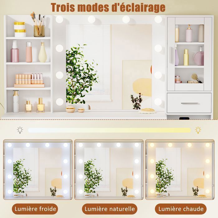 Coiffeuse Grande avec Miroir , LED Réglable, Prise et Port USB, 15 Tiroirs, 135X40X140cm，Blanc