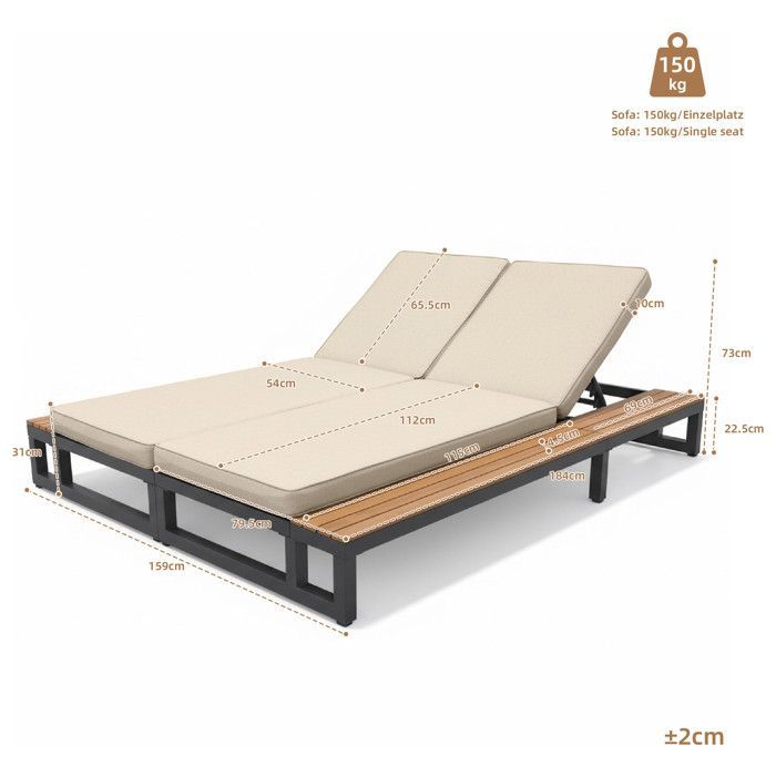 Juego de 2 tumbonas con estante, sillas de jardín para exteriores con cojín y respaldo ajustable en 4 posiciones, color beige.