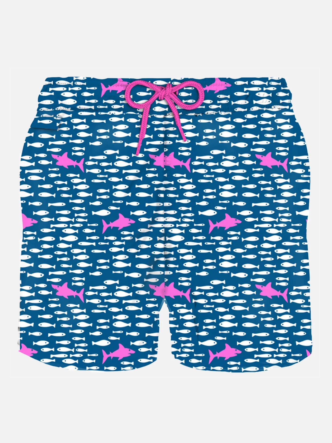 Bañador clásico para hombre con estampado de peces y tiburones | Azul | Secado rápido, largo medio, cintura elástica, bolsillos delanteros y traseros | MC2 Saint Barth