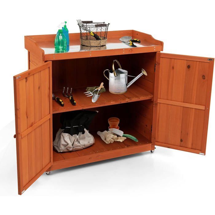 GIANTEX Werkzeugschrank aus Tannenholz, Werkzeugaufbewahrung mit 4 Universalrollen und herausnehmbarem Einlegeboden, 98,5 x 48 x 100 cm