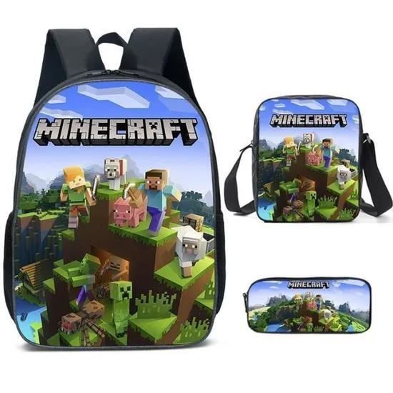 Cartable Sac à Dos,Lot de 3 Minecraft 3D Impression Sac à Dos, Sacoche et Trousse à crayons ,Cartable Sac à Dos pour fille garcon