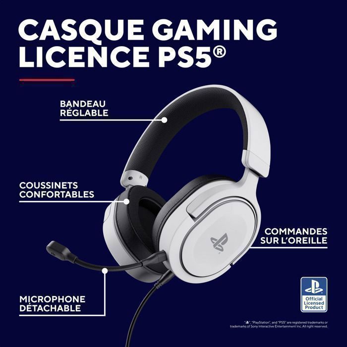Auriculares para juegos Trust GXT 498 Forta para PS5 - Producto oficial de PlayStation - Micrófono - Conector de 3,5 mm - Con cable - Blanco