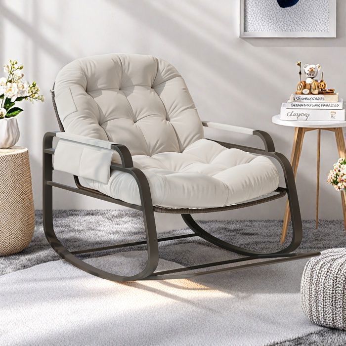 Sedia a dondolo - TANANT - Rattan - Cuscino imbottito - Tessuto di lino - Beige