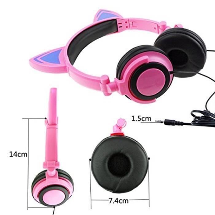 Cuffie per bambini - EYOYO - Design pieghevole con orecchie di gatto - Luci LED - Rosa + Blu
