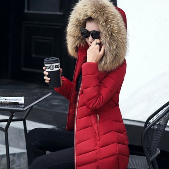 Doudoune Femme - LEOCLOTHO - Rouge - Capuche Amovible - Fausse Fourrure
