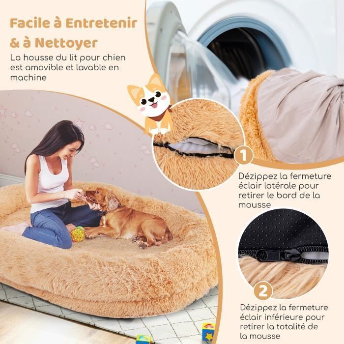 COSTWAY Lit Géant pour Humain ou Chien Animaux, Fausse Fourrure Moelleuse et Lavable, Oreiller Gonflé, Coussin Orthopédique, Marron