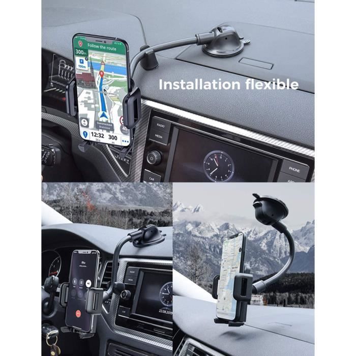 Support Téléphone Voiture Ventouse, Porte Telephone Voiture pour Tableau de Bord et Pare-Brise, Long col de Cygne Flexible,