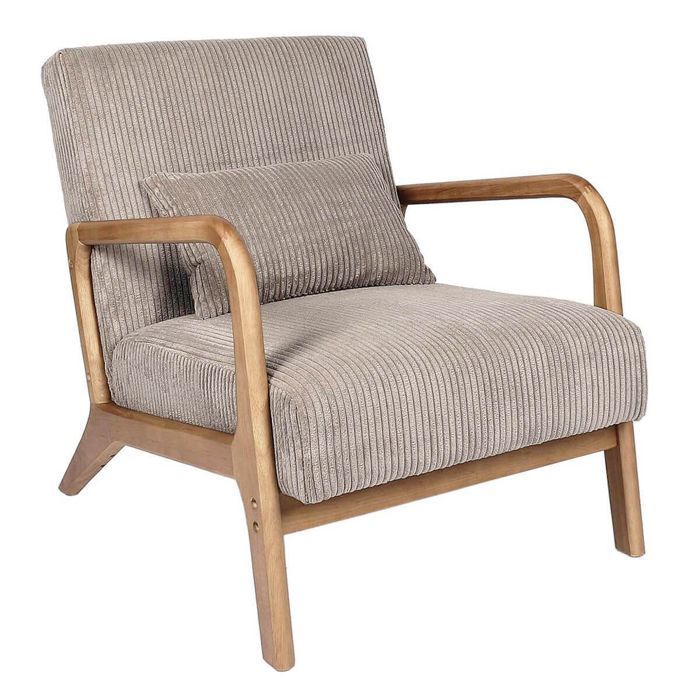 AMORY - Sillón de pana color topo con patas y reposabrazos de madera de caucho.
