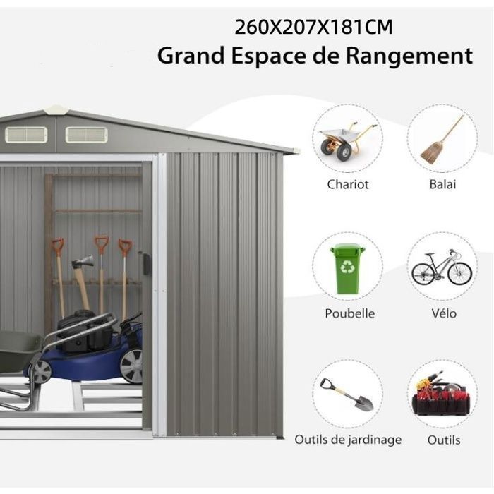 4,74m² Metalen tuinschuur - RELAX4LIFE - 260x207x181cm - Gegalvaniseerd staalplaat - 8,59m³ - Dubbele schuifdeur - Lichtgrijs