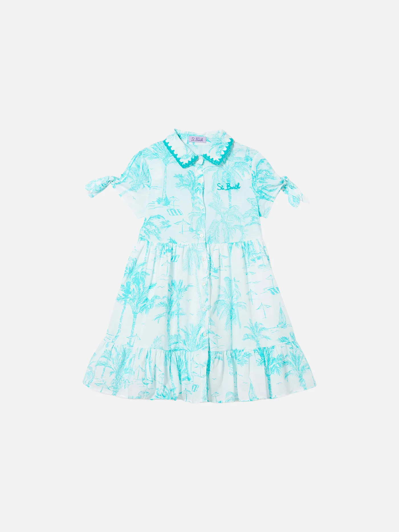 Meisjesjurk met aquagroen toile de jouy-patroon