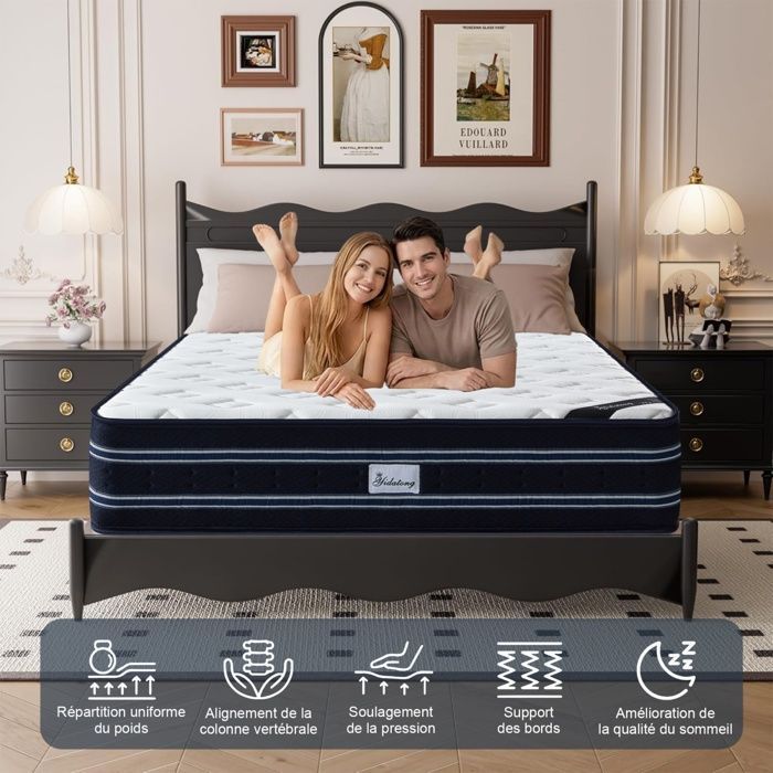 Colchón Premium de Espuma Viscoelástica, 140 x 190 cm, 28 cm de grosor, firmeza media, espuma híbrida y muelles ensacados, 8 zonas ergonómicas.