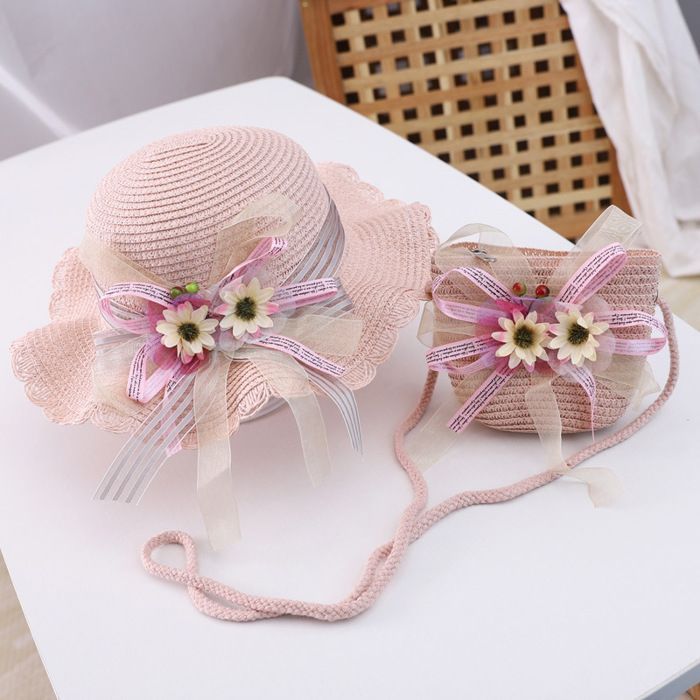 Conjunto de sombrero para niña FUNMOON, conjunto de dos piezas, bolso de hombro de paja con estampado floral en forma de margarita - 340141