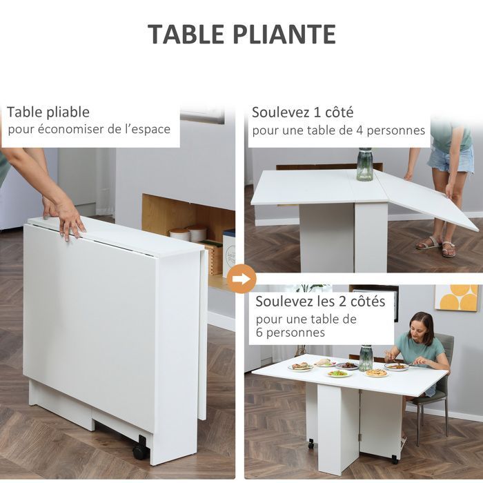 Mesa de cocina plegable - HOMCOM - con ruedas, 2 estantes integrados, mueble - madera - 75x140x74cm - blanco