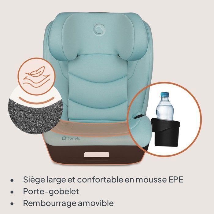 Silla de coche LIONELO Neal i-Size 100-150cm - ISOFIX - Portavasos - Asiento ancho - Reclinable - Grupo 2/3 - Turquesa