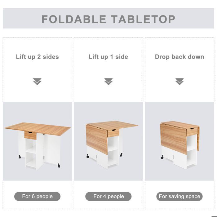 Mondeer Table à Manger Pliable, Table pliante avec 1 Tiroir et 2 Etagères,Table de Cuisine Pour Petit Espace, Chêne Rouge et Blanc