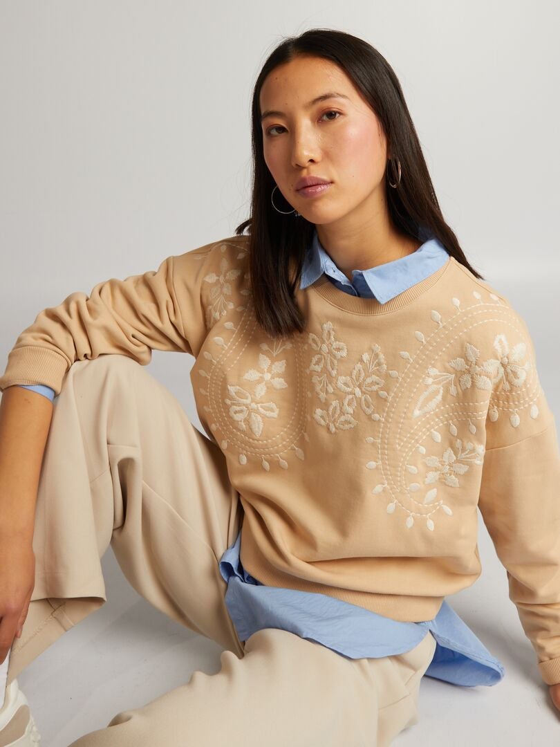 Sweatshirt van fleece met borduurwerk - BEIGE