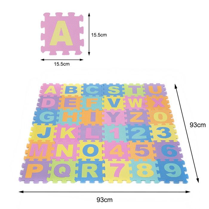 36-delige speelmat voor kinderen, 15,5*15,5 cm - ERROLVES - Zachte EVA-schuim puzzelspeelmat met alfabet en cijfers