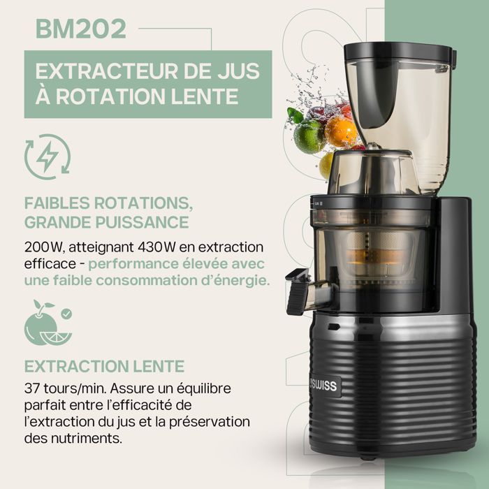 Extracteur de Jus 4Swiss BM202 | Rotation Lente, Moteur Puissant | Grande Embouchure 8cm, Nettoyage Facile en 1 min, Sans BPA