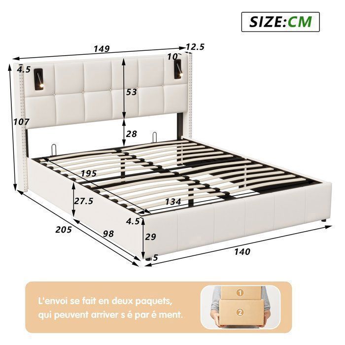 140x190 cm bed, velvet storage bed with headboard and slatted base, adult bed for 2 people, reading lamps, beige