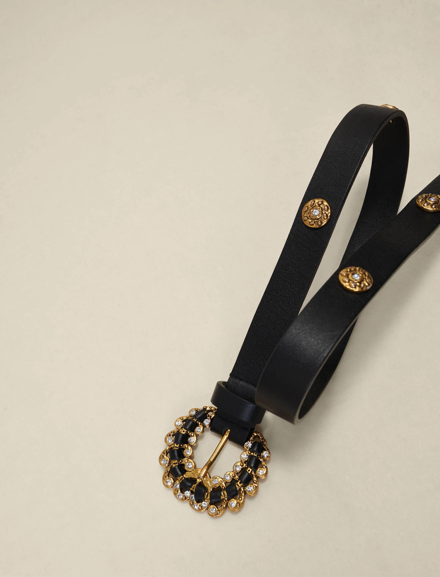 Leren riem met strass-steentjes - Zwart