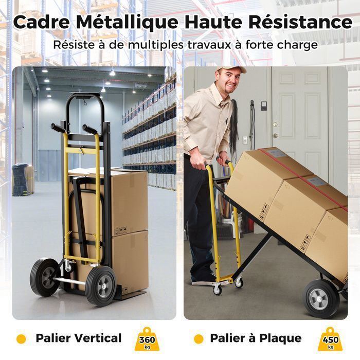 Carretilla metálica plegable COSTWAY - 3 modos - 4 ruedas de goma - Cuerda de conexión - Mango antideslizante - 450 kg - Negro + Amarillo